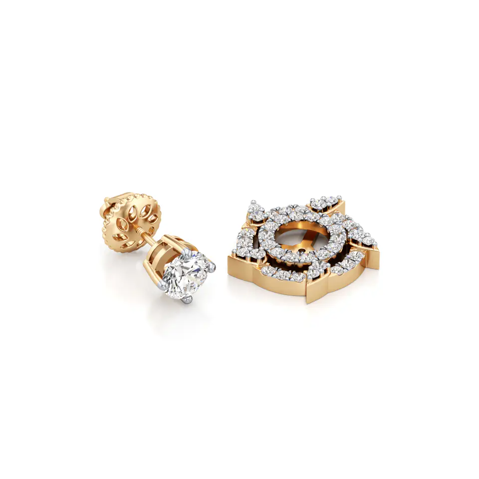 Detachable Solitaire Duo Circled Diamond Earrings in Yellow 14k Gold