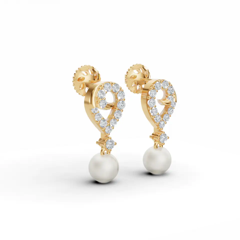 Diamond and Pearl Drop Earrings in Yellow 14K Gold